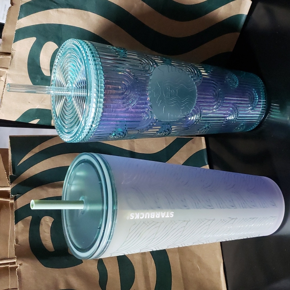 NWT Set of 2 Starbucks Aqua colored Mermaid Tail Tumblers 24 oz.